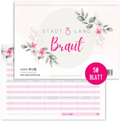 Stadt, Land, Fluss Braut | Kultspiel für den Junggesellinnenabschied | Ratespiel JGA oder Bachelorette Party | Geschenk Braut | Quizblock DIN A4 mit 50 Blatt (JGA Eucalyptus Pink)