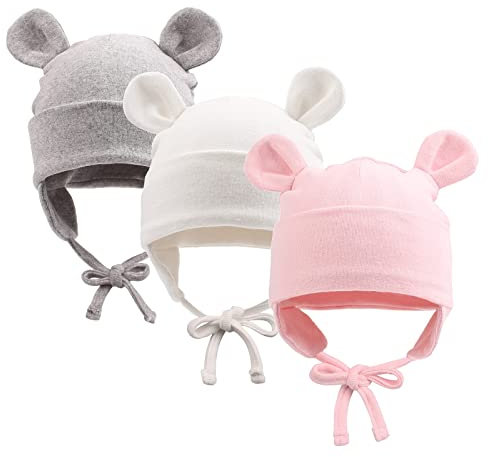 Pesaat Baumwolle Erstlingsmützen 0-12Monate Baby Mütze Neugeborene Mädchen Jungen Baby Beanie Newborn Mütze Mit Ohren und Band,Sommer,Frühling,Winter(Weiß+Grau+Rosa, 6-12Monate)