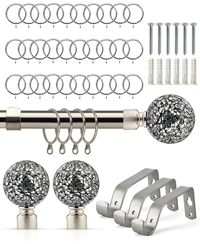 Emma Barclay Extendable Curtain Pole With Finials Rings Brackets & Fittings Sets 16-19mm in Brushed Silver Metal Curtain Poles For Eyelet Curtains Rod - Cut Glass Collection 1.6m - 3m Brushed Silver