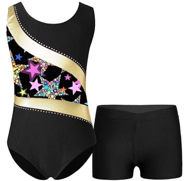 Freebily Kinder Mädchen Turnanzug Mit Kurzer Hose Ärmellos Bedruckte Turntrikot Ballett Gymnastik Body Shorts Set Wettkampf Tanzkleidung Golden-Sterne 146-152