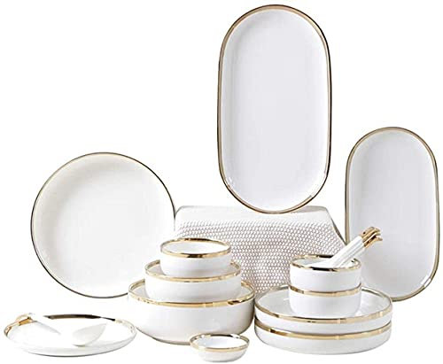 UYSELA Speiseteller-Set,stilvolles Tafelservice für Luxus-Restaurants und zu Hause,Geschirr-Sets,Service für 2/4/6 Küchen-Teller und Schüsseln,weißes Luxus-Bone-China-Geschirr,nordisches Gold-Porze