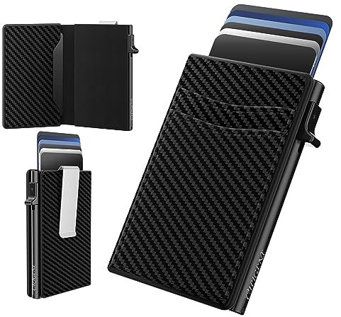 Slim Wallet, Kartenetui Herren mit RFID Schutz, Carbon Geldbörse Herren Klein mit Geldklammer, Aluminium Pop Up Kreditkartenetui und Geldbeutel für 12 Karten, Smart Portmonee, Wallets for Men