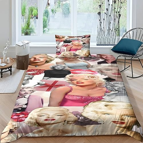 Marilyn Monroe Art Bettbezug Set Mädchen Junge Kinder 3D Gedruckter Bettwäschegarnitur Weich Microfaser Reissverschluss Bettwäsche Und Kissenbezüge 2 teilig Single(135x200cm)