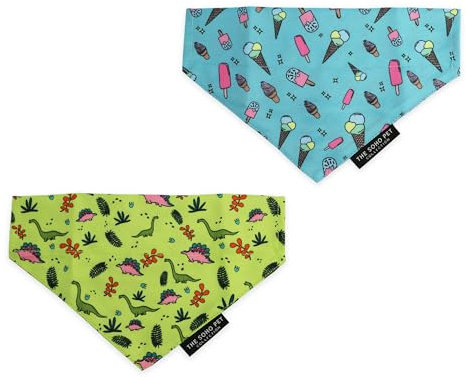 Ancol Dog Bandana Dino/Ice Cream Patterned - Adorable Puppy Scarf Tie Neckerchief - Cute Fun Party Pet Collar Accessory - Pack of 2