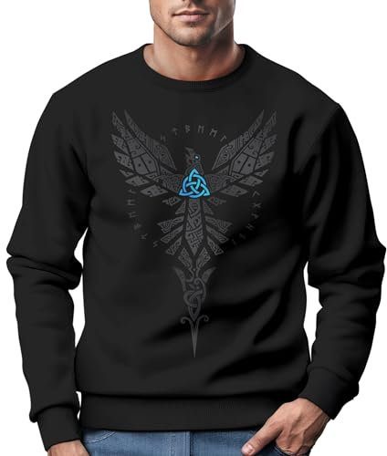 Neverless® Sweatshirt Herren Munin Raven Odin Valknut Valhalla Wikinger Nordmänner Mythologie Rundhals-Pullover Schwarz XL