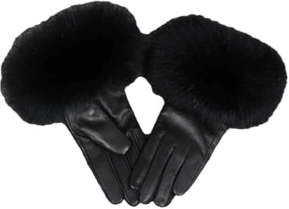 Damen Lederhandschuh Winter Warm Schaffell Handschuhe Mode Thermo Gefüttert Fahren Handschuhe, Schwarz , S (Palm Size 17cm)