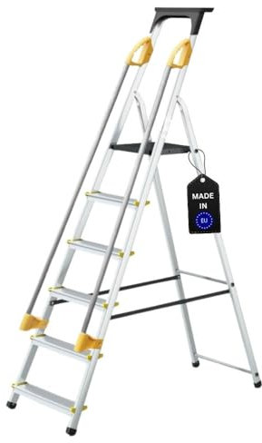 PROREGAL Stufenstehleiter Atlas mit Werkzeugablage & Handlauf | einseitig begehbar | 6 Stufen | Arbeitshöhe 3,19m | Traglast 150kg | Alu Leiter Vielzweckleiter Klappleiter Arbeitsleiter