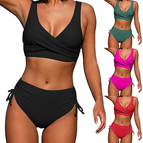 pvucpot Femmes Maillot de Bain 2 Pièces Taille Haute, Sexy Push Up Bikini Set Croiser Le Dos Maillot de Bain de Couleur Unie