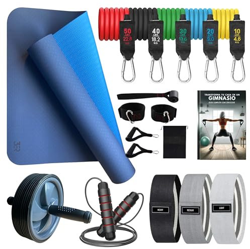 3ER® - Ejercicio en Casa Pack con Esterilla, Gomas Elasticas Musculacion, Bandas Elasticas, Comba, Rodillo Abdominales Mantente en Forma con Ejercicio fitness en casa
