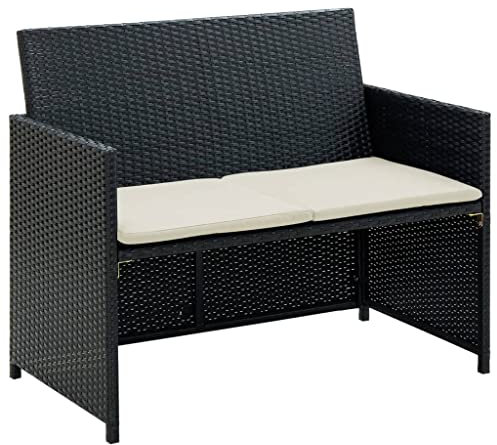Makastle Polyrattan Gartensofa Gartenbank 2-Sitzer Bank mit Kissen, Garten Balkon Sitzbank wetterfest Sitzgruppe, 100 x 56 x 85 cm Schwarz