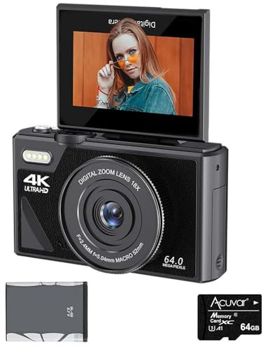 Acuvar Fotocamera digitale 4K 64MP per fotografia, fotocamera Vlogging per YouTube con schermo flip da 3,0 '' 180°, zoom digitale 18x, batteria ricaricabile, scheda Micro SD da 64 GB