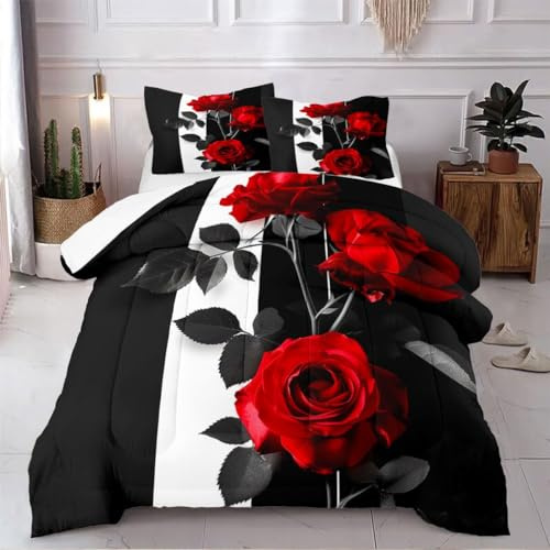 Nyescasa Bettwäsche 220x240 Schwarz Weiß mit Rot Rosen Bettwäsche Set Mädchen Bunt Blumen Pflanzen Blätter Wendebettwäsche Weich Mikrofaser Bettbezug mit Reißverschluss und 2 Kissenbezug 80x80cm