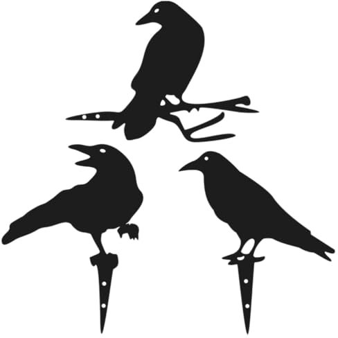VANZACK Cast Iron Crow Statue, 3pcs Ravens Garden Stake Crow Sculpture Bird Figurines Silhouette Yard Art Insert Home Decor Black Bird Statue Halloween Crow Figure