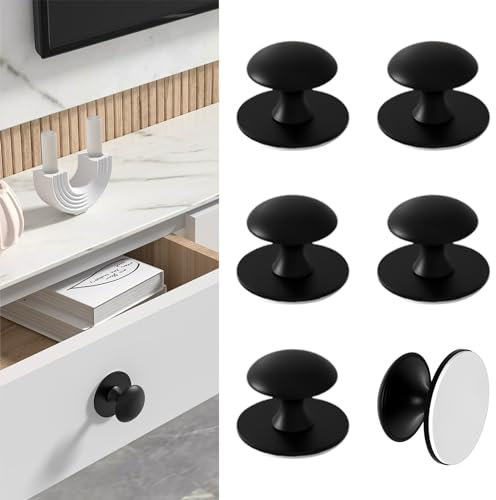 CcHhyyt Pack of 6 Self-Adhesive Knobs for Cupboard, Black, Self-Adhesive Cabinet Knobs Made of Stainless Steel, Knob for Sticking for Drawers, Shower Door, Mirror Cabinet, Glass Door, Door Knob, No