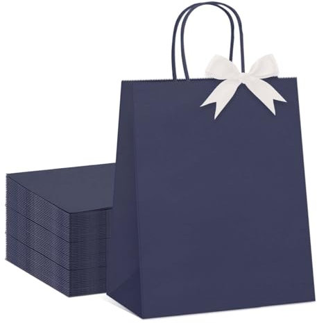 Switory 50 Stück Geschenktüten mit Schleifenbändern, Dunkelblau Papiertüten mit Henkel für Herren, Klein Partytüten für Valentinstag, Geburtstag, Hochzeit, Baby-Dusche, Einzelhandel (21X15X8cm)