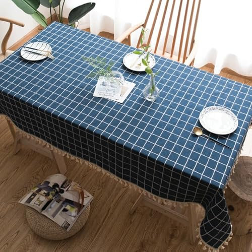 Homxi Tischdecke Couchtisch Rechteckige 90 W x 140 L cm,Tischdecken Dunkelblau Plaid mit Quasten Leinen Baumwolle Tischwäsche