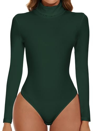 SHAPERIN Bodysuit Turtle Neck Women Long Sleeve Body Suit Women's Bodysuits Tops Leotard One Piece Jumpsuit Top Elegant Dark Green XXL