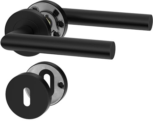 ERGO line NINA Poignée de porte d'intérieur, noire, pour portes d'intérieur à clé, paire de poignées de porte sur rosaces rondes, noire mate, acier inoxydable, poignée