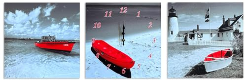 DC VOLTAGE 3 Stück Strand rote Boot Wanduhr Druck schöne Kunst Werk Uhr großes Poster Uhr Schlafzimmer Wohnzimmer Flur Malerei Heimdekoration (Stil - 02)
