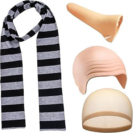 Raqieman 4 Stück Karneval Kostüm Zubehör, Schwarzer & Grau Schal, Falscher Nase und Glatzen Kappe Set für Männe, Glü Kostüm für Erwachsene, Halloween, Karneval Kostüm Cosplay
