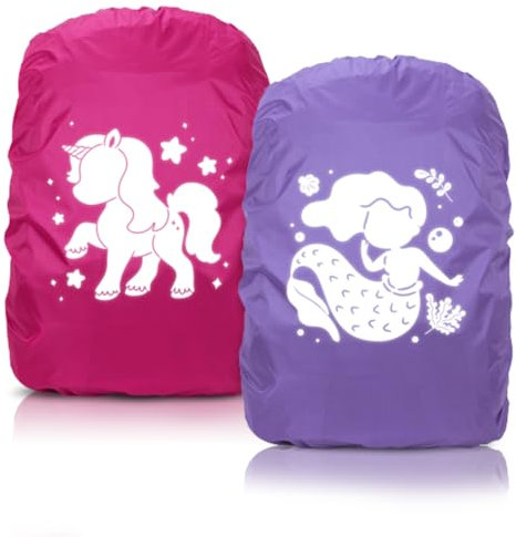 Cadimus Regenhülle Rucksack Rosa Einhorn und Lila Meerjungfrau, Schulranzen Regenschutz, Rucksack Überzug Reflektierend für Jungen und Mädchen Schulanfänger