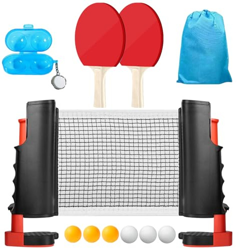 Asfrode Tischtennis Set mit ausziehbarem Netz, 2 Tischtennisschläger + 6 Tischtennis-Bälle + 1 Einziehbarem Netz + 1 Aufbewahrungstasche Tischtennisschläger Set für Kinder Erwachsene Familien
