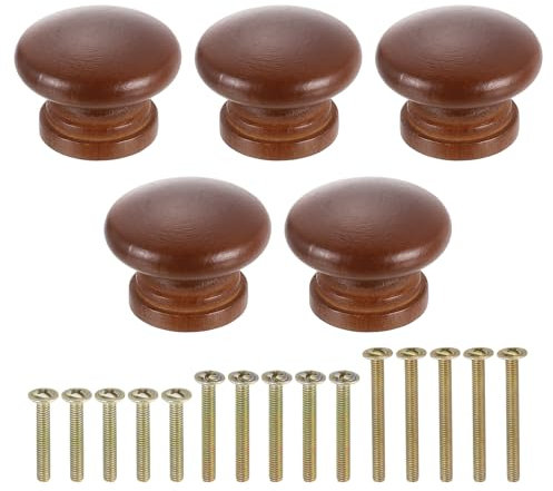 sourcing map 5Pcs Round Wood Drawer Knob, 1.26 x 1.02 Round Cabinet Knobs Mushroom Shape Paint Surface Wooden Knobs with Screws for Furniture Drawer Dresser Wardrobe Cupboard, Brown