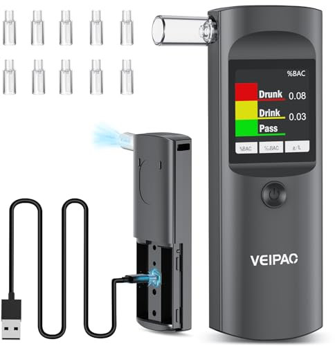 Alkoholtester Polizeigenau Alkoholtest Promillemessgerät: Tragbarer Alcohol Tester Promilletester mit 11 Mundstücken - LCD Digitaler Alkotester Hohe Genauigkeit für Persönlichen Gebrauch Sensor - Grau