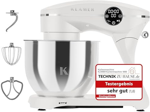 KLAMER Küchenmaschine 1800W, Knetmaschine Brotteig mit Edelstahl-Rührschüssel 6 L, 10 Stufen mit Timer, Planetenrührwerk, Rührbesen, Knethaken, Schneebesen & Sichtdeckel (weiß)