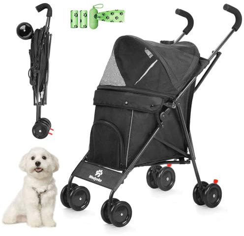 Regenschirm Hundebuggy für kleine Hunde 10 bis 9 kg, faltbarer Haustier-Kinderwagen, leicht, 4,1 kg, mit doppeltem 4-Rad-Schultergurt, Aufbewahrungskorb, Getränkehalter, Dunkelgrün (Schwarz)