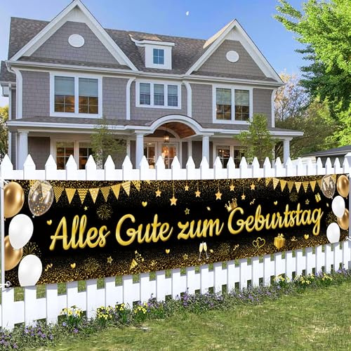 Happy Birthday Banner für Frauen Männer - Alles Gute zum Geburtstag Deko Schwarz Gold, Extra Großes Fotografie Hintergrund für Mädchen Jungen Geburtstag 40 × 210cm