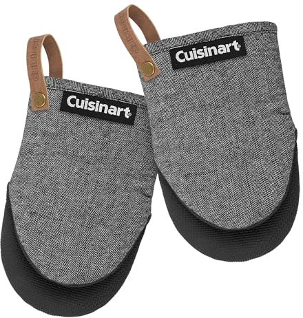 Cuisinart Heritage Mini Oven Mitts – 5.5” x 7” Heat-Resistant Kitchen Mitts for Oven with Non-Slip Neoprene Palm, Cotton Filling, and Faux Leather Loop – Durable Oven Mitt Set for Cooking & Baking