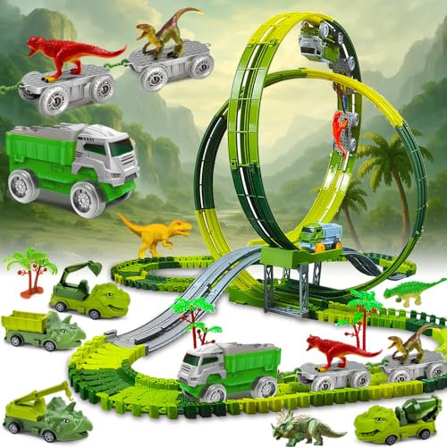 Dinosaurier Autorennbahn Abenteuer Schienen Set mit Loopings, Dino Anhängern und Dino Konstruktionsfahrzeuge für Kinder ab 3 Jahren