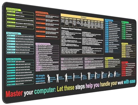 E Xcel Word Shortcut Key M Ouse Pad, Large XL Cheat Sheet Gam-ing Mousepad, PC Office Spreadsheet Keyboard Mat, 40x90x0.2cm, Easy to Use, Compatible for Home Desks Laptop Protector