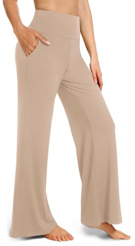 BLONGW Yoga Pants for Women Wide Leg Trousers UK–High Waist Work Casual Pants with Pockets, Light Apricot Womens Trousers, Straight Loose Ladies Lounge & Active Petite Fit Large– Soft Comfort