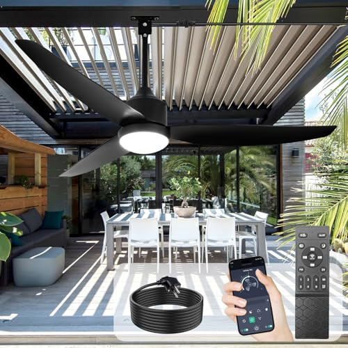 Ventilateur de plafond extérieur avec éclairage: Ventilateur suspendu noir 52 pouces pour gazebo, étanche - Ventilateurs d'extérieur à brancher pour terrasse, porche ou pergola, avec télécommande APP