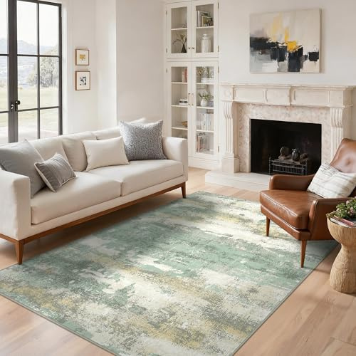 BEIMO Washable Rugs Living Room 120x170cm, Abstract Area Rugs for Bedroom Soft Short Pile, Machine Washable Rug Non-Slip Large Rugs for Living Room, Dining Room, Green