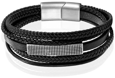 Mendes Schmuck Herren Armband - Robustes schwarzes Leder mit silberner rechteckiger Platte 21cm