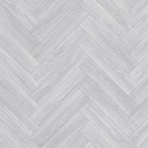 Vinyl Flooring Wood Oak Herringbone Design Foam Backed Vinyl Flooring Roll | Non-Slip Easy Clean Waterproof Lino Vinyl Floor | Living Dining Room, Lounge, Hallway Flooring (Light Grey, 3m x 5m)