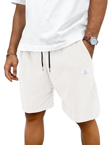 TARAINYA Corduroy Kurze Hosen Herren Baumwolle Kordelzug Casual Shorts Hose Sommer Stretch Freizeitshorts Mit Taschen Weiß L