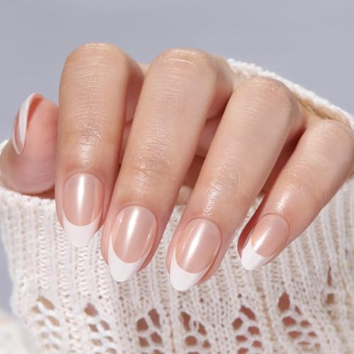 OuryTech Ongles Press On Amande, 30 Ongles Artificiels à Coller et Faux Ongles, French Tip Soft Gel Press Ons Courts avec Colle pour Femmes (Type E)