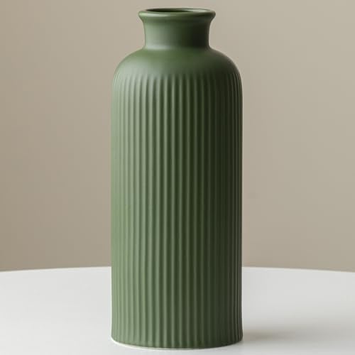 Keramik Vase Grün, Matt Glasiert, Blumenvase für Pampasgras Deko, 25,4 cm Höhe, 10 cm Breite, Modern für Wohnzimmer Esstisch Büro (Grün)