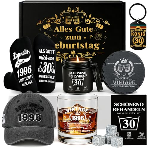 30. Geburtstag für Männer, Vintage 1996 Geburtstagsgeschenke Männer, Geschenkbox zum 30 Geburtstag mit Whisky Steinen, Tasse, Socken, Schlüsselanhänger, Kerze & Karte, Geschenk für Mann Papa Freund