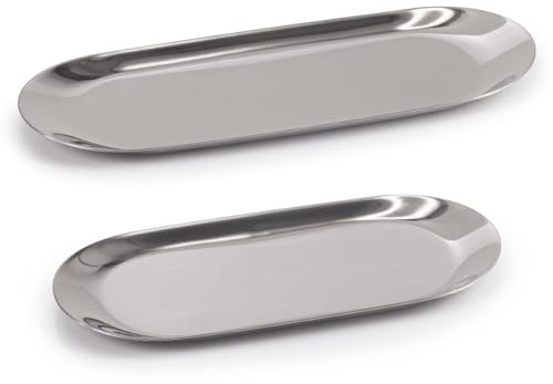 EHC Decorative Vanity Tray Set of 2, Trinket Serving Trays, Small Stainless Steel Oval Ornaments Plates for Jewellery Candle Key Cosmetics Dish Plate Bedroom Bathroom, Silver