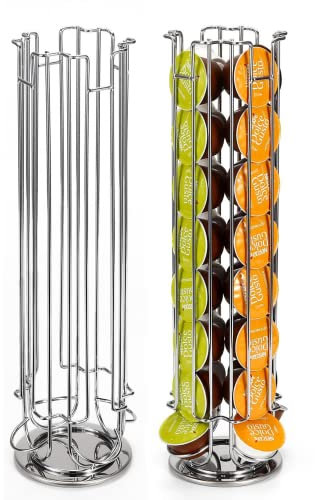 Vinsani 32 Coffee Pod Holder - 360° Rotating Tower Coffee Pods Storage Rack Stand Suitable for Dolce Gusto Coffee Capsules – Non-Slip Surface (Chrome)