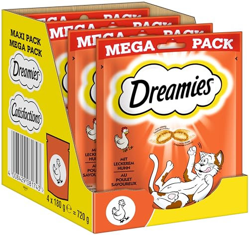 Dreamies Klassiker Katzensnacks mit Huhn – Katzenleckerli mit knuspriger Textur und cremiger Füllung – 4 x 180g