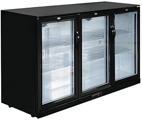 Polar G-Series 3-Door Hinged Back Bar Cooler Fridge, 330Ltr, 330 Litre | Lockable doors secure stock, while 6 adjustable shelves maximize storage variety. Climate control spans 2°C to 8°C.