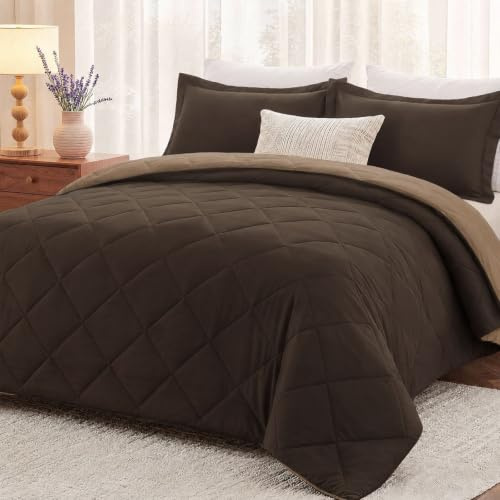 downluxe Juego de edredón tamaño King, edredón marrón y Tostado, Juegos de Ropa de Cama Suave para Todas Las Estaciones, 3 Piezas, 1 edredón (104 x 92 Pulgadas) y 2 Fundas de Almohada (20 x 36