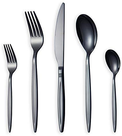 HOMQUEN 30-Teiliges Schwarzes Besteckset, Edelstahl Besteck Set, Titan Schwarz Besteckset, Service Set für 6 (Glänzend Schwarz)