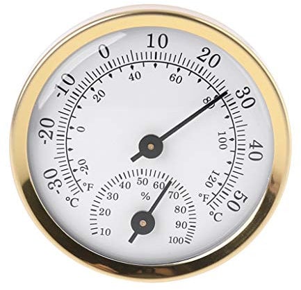 Celan Thermomètre hygromètre analogique d'intérieur - Affichage de la température de l'air - 58 mm - Doré + blanc - Plateau de table
